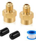 1/4 SAE To 1/4 NPT Brass Adapter AC Refrigeration Pipe Connector Fittings, set of two brass connectors with sealant tape and caps.