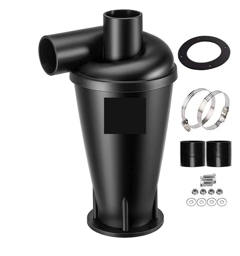 Heavy Duty Rock Solid Cyclone Dust Collector Separator For Shop Vacs And Vacuums Dual Filter Woodworking Dust Extractor Accessory With Turbocharged Kick and Beast Mode Dust Control PM01 black cyclone dust separator with ports and clamps.