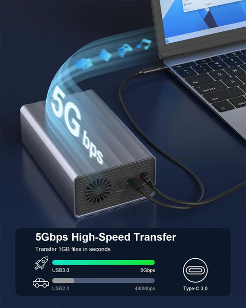 Heavy Duty Two Bay Hard Drive Enclosure For 2.5 And 3.5 Inch Sata Hdd Ssd Supporting Up To 48Tb With Aluminum Chassis And Cooler Fan serving 5Gbps USB 3.0 transfer.