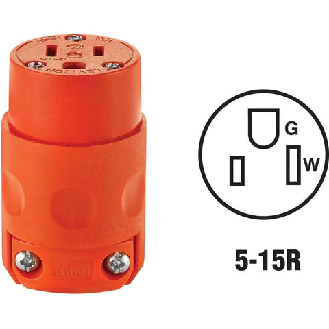 Heavy Duty 15 Amp 125 Volt PVC Grounding Cord Outlet 515CV OR with diagram, orange plug, rugged and chemical resistant