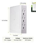 Side view of Six Outlet Side Mount Wall Tap Adapter White Heavy Duty Versatile Power Hub with product dimensions and specs.