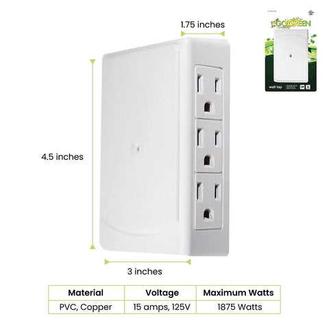 Side view of Six Outlet Side Mount Wall Tap Adapter White Heavy Duty Versatile Power Hub with product dimensions and specs.