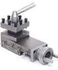 Angled front view of industrial swing lathe tool post assembly with hand lever and clamp bolts, steel, 180mm
