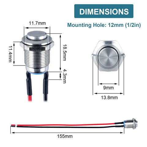 5 Pack 12mm Momentary Push Button Switch 1NO Normally Open Waterproof IP66 Stainless Steel Case With Pre Soldered Cable dimensions