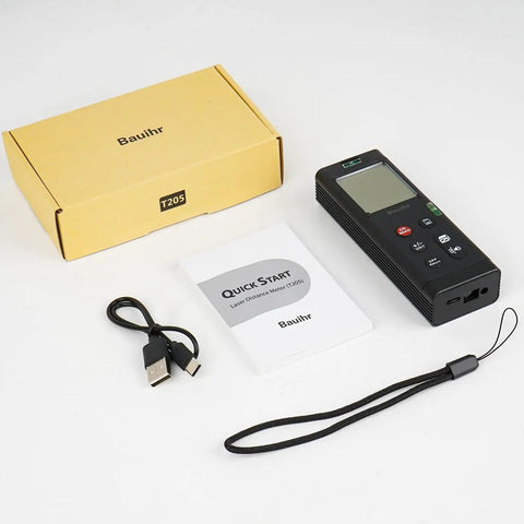 Dual Laser Distance Meter Workhorse With 393 Foot Range Aluminum Body Rechargeable Battery Real Time Measurements Every Half Second All In One Tool For Measuring Area Volume And Angles With 3mm Precision Class II Laser, with box and USB cable