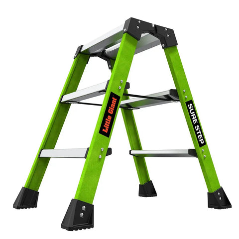 Sure Step 3 Step Double Sided Fiberglass Ladder Workhorse With Quick Setup Nylon Spreader Straps, Slip Resistant Feet shown