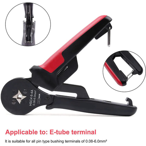 Mini 6-4 Ferrule Wire Terminals Kit With Crimp Plier, insulated end ferrules, close-up of crimping tool with red handle