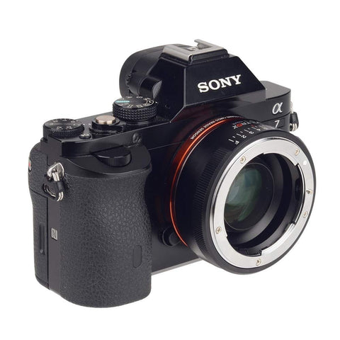 Sony camera with 0.71x Focal Length Reducer Speed Booster For Nikon F To Sony E Mount, showing adapter ring attached