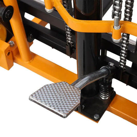 Heavy Duty Hydraulic Manual Lift Stacker With 440 Lb Capacity And Adjustable Forks foot pedal for operation and lift control.