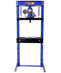 Heavy Duty 20 Ton Hydraulic Shop Press With Pressure Gauge And Reinforced Steel H Frame For Bearing Bushing And Ball Joint Installation, front view with gauge.