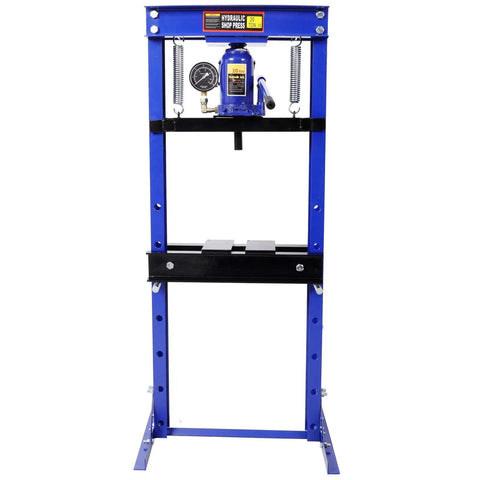 Heavy Duty 20 Ton Hydraulic Shop Press With Pressure Gauge And Reinforced Steel H Frame For Bearing Bushing And Ball Joint Installation, front view with gauge.