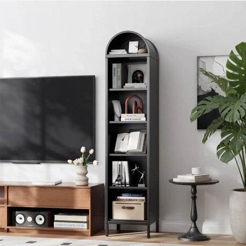 73 Inch Tall Arched Metal Bookshelf With 5 Shelves Heavy Duty Steel Construction Adjustable Shelves Industrial Display Rack