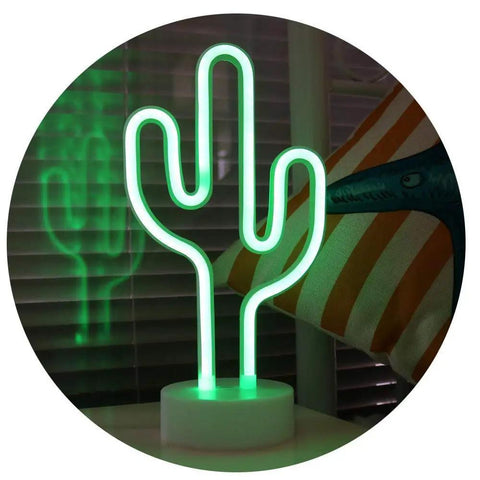 Cactus Neon Night Light With Pedestal LED Sign For Kids Room And Bedroom Decor, Battery Or USB Operated Safe, green glow
