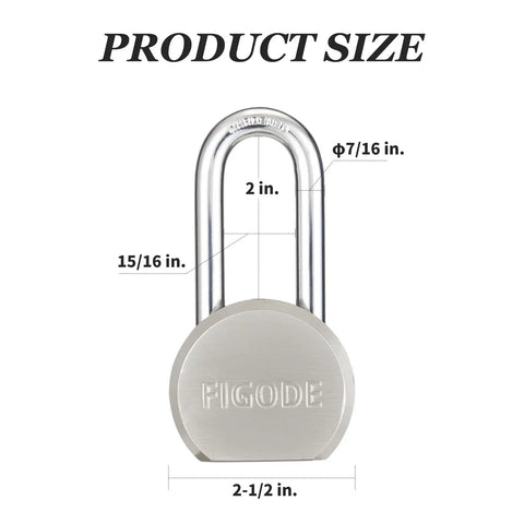 Image showing dimensions and design of Beefy High Security Heavy Duty Solid Steel Keyed Alike Padlocks Chrome Plated With 2.2 Inch Hardened Steel Shackle 2 Pack Dual Ball Bearing Locking Brass Cylinder Durable Padlock Set For Outdoor Gates Sheds Storage