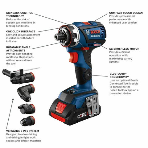 Compact 18V Cordless Drill Driver With Brushless Motor And Rugged Locking Chuck Supporting 5In1 Flexiclick Quick Swap System displayed with various attachments.