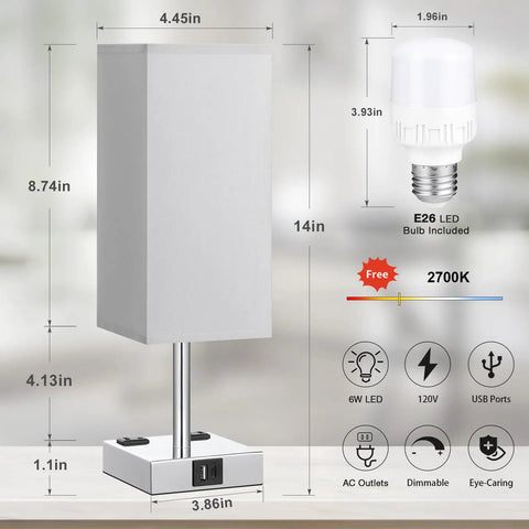 Touch Control Bedside Lamp With USB C And USB A Ports Dual AC Outlets 3 Way Dimmable Nightstand Light For Bedroom Living Room And Office Includes LED Bulb And Shade Simple Modern Design For Cozy Sleep Reading And Easy Device Charging, featuring measurements and bulb details