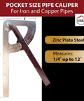 Pocket Sized Pipe Caliper And Ruler Gauge For Iron And Copper Tubing One Quarter Inch To Twelve Inches MM To Inches Converter Zero Adjustable Two In One Tool, Zinc Plated Steel, image showing size measurements