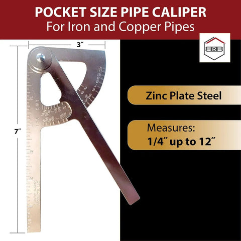 Pocket Sized Pipe Caliper And Ruler Gauge For Iron And Copper Tubing One Quarter Inch To Twelve Inches MM To Inches Converter Zero Adjustable Two In One Tool, Zinc Plated Steel, image showing size measurements