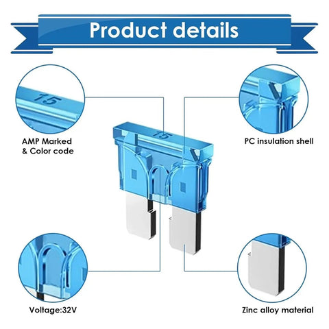 Close-up view of a blue 15A fuse from 304 Piece Fuse Assortment Kit With 3A To 40A Standard And Low Profile Fuses Heavy Duty Go To Puller Circuit Tester Must Have For RV Marine And Truck Electrical Systems Aluminum Construction