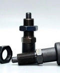 Heavy Duty Carbon Steel Indexing Pin With Fine Thread Plunger And Reliable Return Spring Mechanism Featuring A Knurled Grip Handle No Fuss Industrial Replacement MT305Z, close-up of two pins with hex nuts.