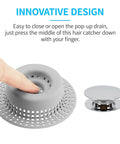 Finger pressing No Fuss Hair Drain Catcher For Tub And Shower Upgraded Silicone And Stainless Shield over pop-up drain.