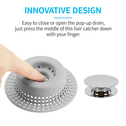 Finger pressing No Fuss Hair Drain Catcher For Tub And Shower Upgraded Silicone And Stainless Shield over pop-up drain.