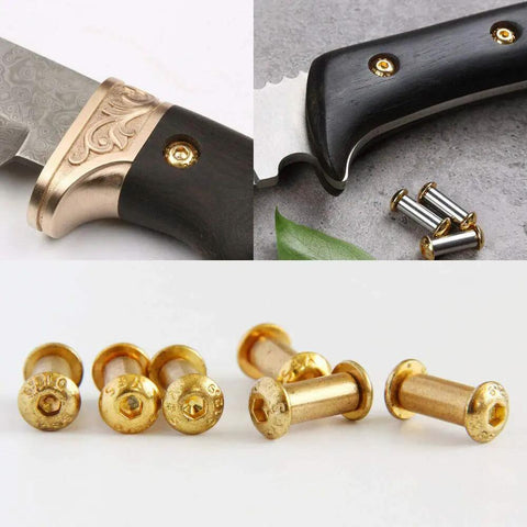 10 Pieces Brass Knife Handle Rivets Set For 5mm Holes with Round Head Hex Bolts Pins, shown with knife handle build