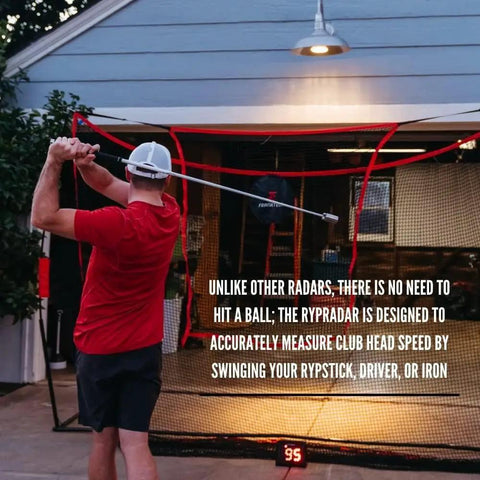 Golfer using Golf Swing Speed Radar Monitor No Contact Measure Club Head Speed With Rypstick Driver Or Iron Without Hitting A Ball