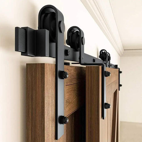 Premium J Shape Sliding Door Hardware Kit With Six Foot Carbon Steel Track And Nylon Rollers Built Rock Solid For Double Barn Doors Delivers Hella Smooth Daily Glides mounted on barn door.