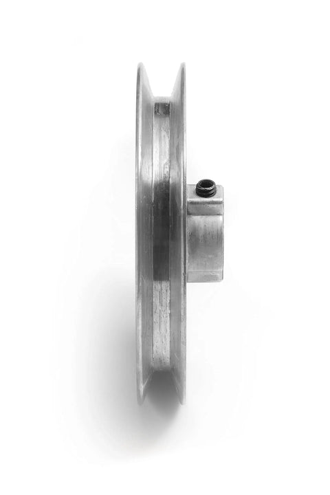 Side view of Heavy Duty Five Inch V Groove Drive Pulley With Five Eighth Inch Bore In Z3A Zinc Alloy Die Cast 34 Degree Groove Fits 4L A Belts