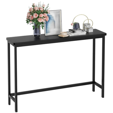 Sleek 39 Inch Console Table For Hallways And Living Rooms In Black Bamboo Finish, displaying decor items, narrow entryway sofa table view.