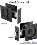 Pocket Door Privacy Lock And Pull In Matte Black Stainless Steel 304 With Two And Three Eighths Backset For Bedroom Or Bath Flush Door Handles Privacy Latch Emergency Unlock Feature Sliding Barn Hardware, interior and exterior views.