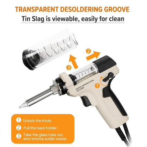 Digital Vacuum Desoldering Station With Built In Vacuum Pump showing transparent desoldering groove and iron gun details.