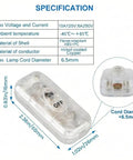 Inline Cord Switch 6A 250V Transparent Lamp Switch Replacement, No Fuss DIY On Off Rocker Switch For Table Floor LED Lights And Small Appliances, Fits Up To One Quarter Inch Cord Two Pack. Transparent 60x26x16mm ABS+PC inline cord switch for lamps.