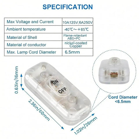 Inline Cord Switch 6A 250V Transparent Lamp Switch Replacement, No Fuss DIY On Off Rocker Switch For Table Floor LED Lights And Small Appliances, Fits Up To One Quarter Inch Cord Two Pack. Transparent 60x26x16mm ABS+PC inline cord switch for lamps.