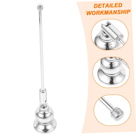Christmas Metal Candle Fire Extinguisher Cap With Long Handle, Effortless Tealight Snuffer to Knock Out Flames Without Oil Spritz, Keeps the Wick Intact for a Clean Burn, Must-Have Holiday Party Essential and Cozy Winter Cabin Gear, shiny metal design with extended shaft.