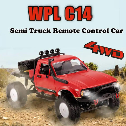 Rugged 1/16 Scale RC Crawler Off Road Truck 4x4 With LED Lights on rocky trail, red body, spare tire, ready to run all terrain.