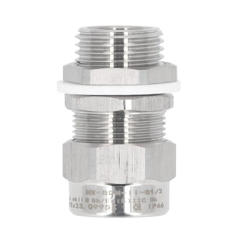 Heavy Duty IP66 Waterproof Armored Cable Connector Cord Grip Kit With Stainless Steel G1/2 Adjustable Lock Nut Strain Relief Glands Kit 304 Nylon Gaskets For Indoor Outdoor Use, close-up view of stainless steel connector with white gasket