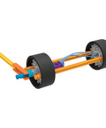 STEM Vehicle Building Kit With 130 Plus Parts For Kids Ages 8 And Up, Build 7 Hands-On Vehicles Powered By Push, Rubber Band, Wind Or Spring Motor, Learn Potential And Kinetic Energy, Velocity, Acceleration, Motion, And Graphing Concepts. assembled two-wheel STEM vehicle kit with rubber band drive