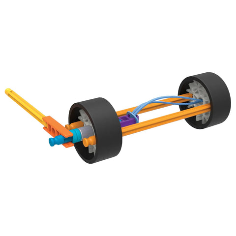 STEM Vehicle Building Kit With 130 Plus Parts For Kids Ages 8 And Up, Build 7 Hands-On Vehicles Powered By Push, Rubber Band, Wind Or Spring Motor, Learn Potential And Kinetic Energy, Velocity, Acceleration, Motion, And Graphing Concepts. assembled two-wheel STEM vehicle kit with rubber band drive