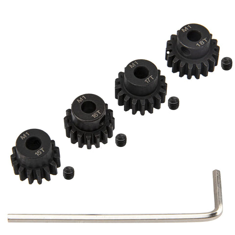 Mod 1 Hardened Steel M1 Pinion Gear Set 15T 16T 17T 18T For 5mm RC Motor Shaft, with Allen wrench, compatible with Arrma Traxxas Axial HSP Redcat Losi
