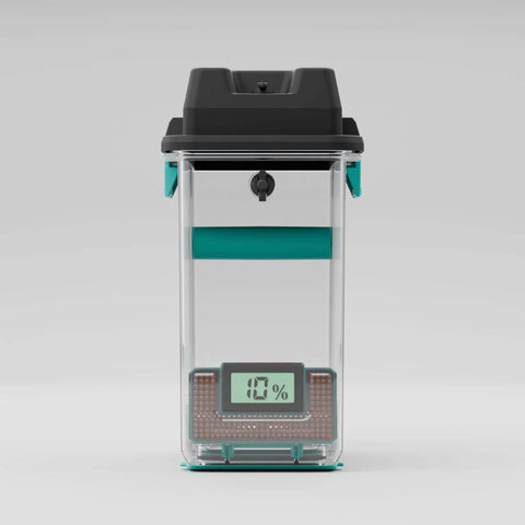 Front view of PolyDryer Box 3D Printing Filament Storage and Continuous Sealing System with humidity indicator display.