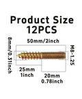 Magnified view of 12 Pack M8x50mm Double Ended Hanger Bolts showing specifications and dimensions for heavy duty use.