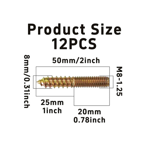 Magnified view of 12 Pack M8x50mm Double Ended Hanger Bolts showing specifications and dimensions for heavy duty use.