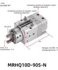 Plug And Play Heavy Duty Pneumatic Rotary Swing Finger Gripper Actuator MRHQ20D180SN shown with detailed dimensions and features.