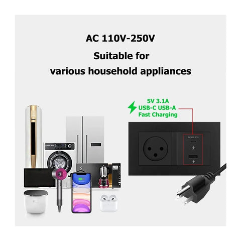 Israel Wall Power Socket With Dual Usb C And Usb A Ports Heavy Duty Flame Retardant PC Panel Switched Outlet Combo Type Twelve with appliances.