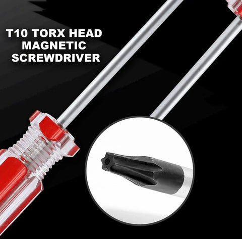 Top-Shelf T10 Security Torx Screwdriver Equipped with a Magnetic Tip and Insulated PVC Handle, Made of Rust-Resistant Chrome Vanadium Steel for Heavy-Duty Repairs, showing T10 Torx head.