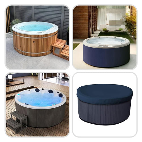 Round Hot Tub Cover For 90 Inch Spa, Waterproof UV Resistant Outdoor Protector With Elastic Hem displayed on outdoor spa