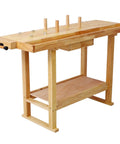 Heavy Duty Rubber Wood Workbench With Bar Clamps For Garage Diy And Welding Station featuring a sturdy top and storage shelf.