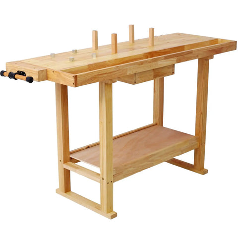 Heavy Duty 55 Inch Rubber Wood Workbench Built Badass Tough For Garage And Home Workshop Station Swallows Massive Loads Up To 330 Lbs with clamps.